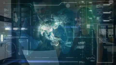 Team clustering, hologram materializing, spurring analyzing data by manipulating Video stock 317206473