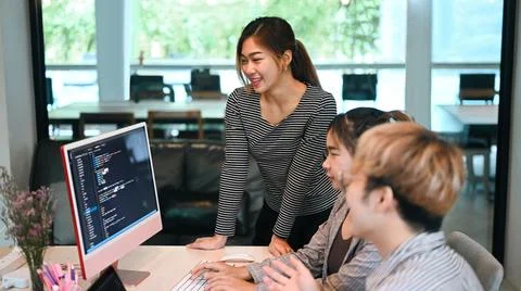 Team of coders brainstorming, working together for developing website design and 스톡 사진