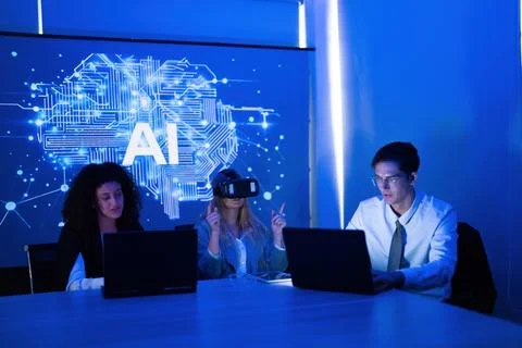 Team collaborates on artificial intelligence project using virtual reality .. Stock Photos