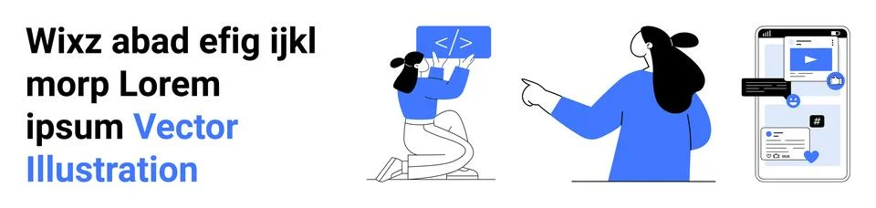 Team Collaborating on Coding Project with Smartphone Interface and Text Examp Stock Illustration