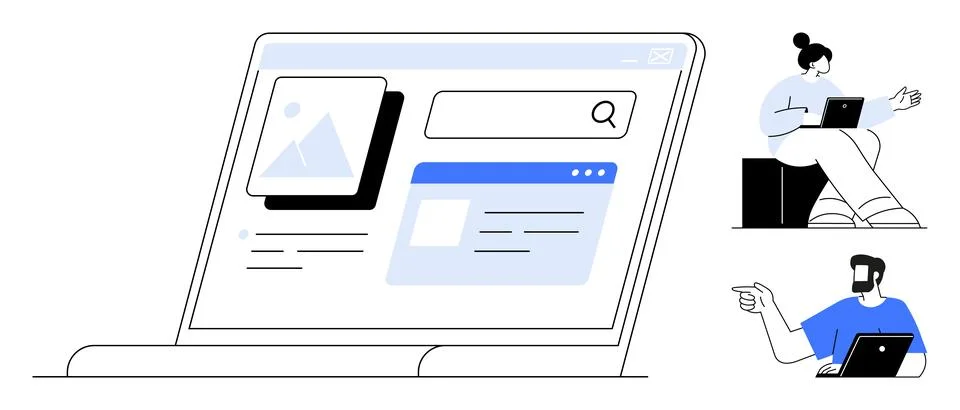 Team Collaborating on Digital Content Using Laptop Displaying Web Interface.. Stock Illustration