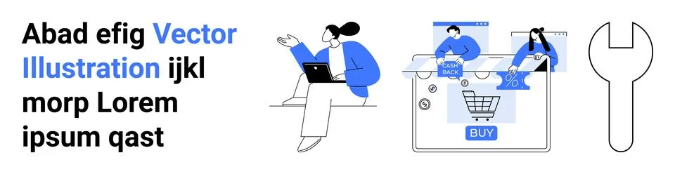 Team collaborating on e-commerce platform with tablet, shopping cart icon, .. Illustrazione stock