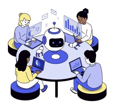 Team Collaborating with Friendly Robot at Round Table Illustrazione stock