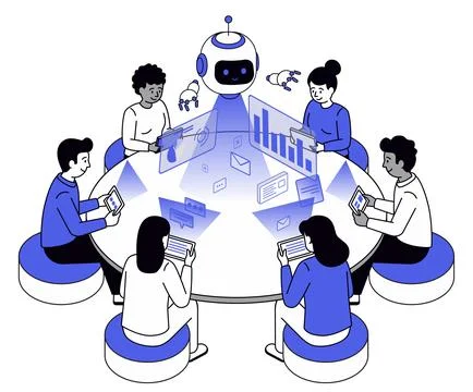 Team Collaborating with Friendly Robot at Round Table Stock Illustration