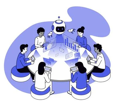 Team Collaborating with Friendly Robot at Round Table Stock Illustration