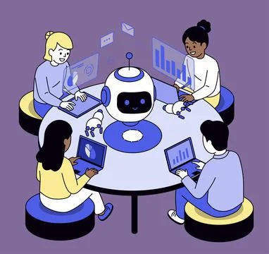 Team Collaborating with Friendly Robot at Round Table Stock Illustration