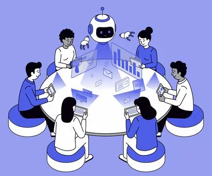 Team Collaborating with Friendly Robot at Round Table 스톡 일러스트