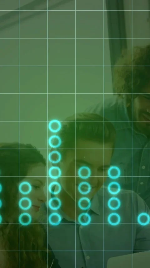 Team collaborating over digital sound equalizer animation with numerical display Stock Footage 341976273