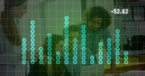 Team collaborating over digital sound equalizer image with numerical display Stock Photos