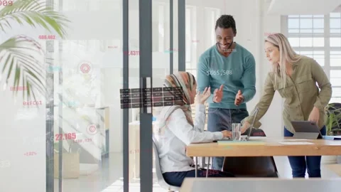 Team collaborating over tablet and papers after man arriving, with business data Stock Footage 333689831