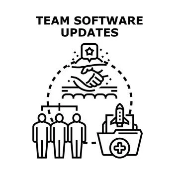 Team collaborating on software updates and new product launch Stock Illustration