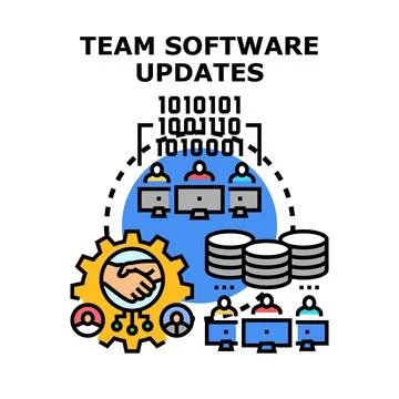 Team collaborating on software updates and development process 库存插图