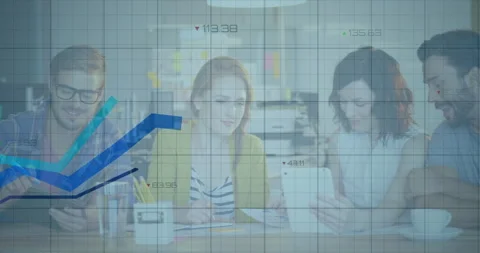 Team collaborating swiping tablet causing finance graphs diverging dipping Stock Footage 314688290
