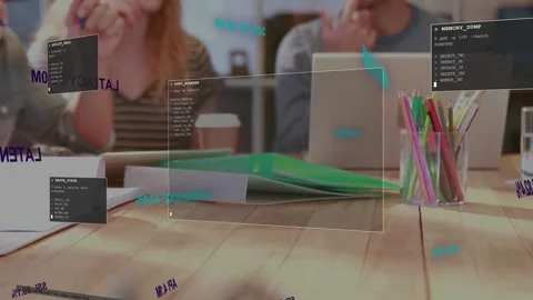 Team collaborating at table, center woman pointing, papers shifting, HUD moving Stock Footage 333774830