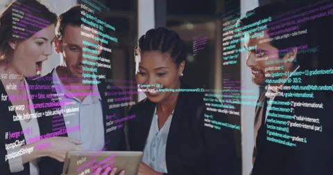 Team collaborating on tablet in technology office corridor, displaying Stock Footage 309094636