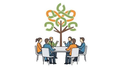 Team collaborating under a symbolic tree Illustrazione stock