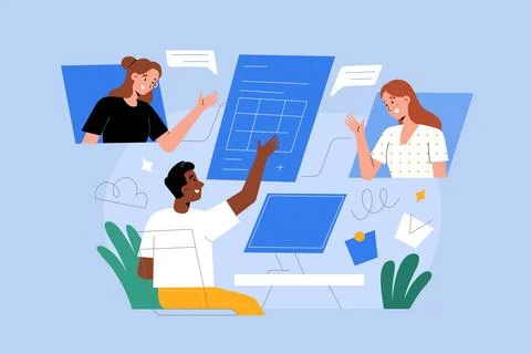 Team collaborating, working on online document together simaltaneously, editing Stock Illustration