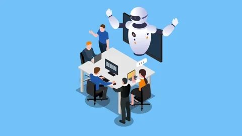 Team Collaboration with AI Robot in a Tech Workspace 3d animation cartoon Stock Footage 302533207