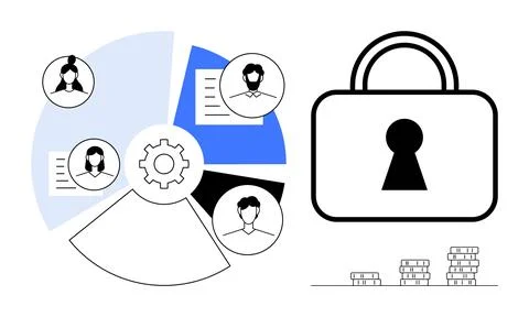 Team Collaboration and Data Security Concept with Pie Chart, Gear, and Lock Illustrazione stock