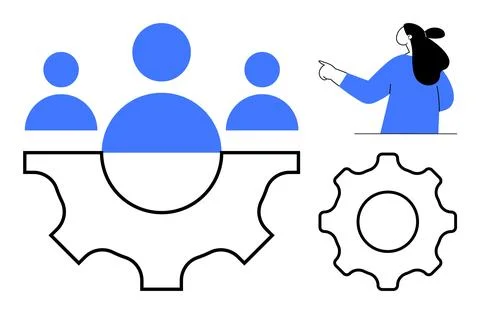 Team Collaboration and Process Optimization Concept with Gears and People Ico Illustrazione stock