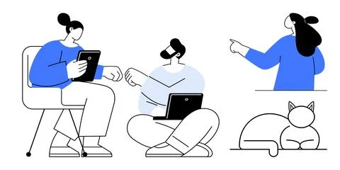 Team Collaboration and Remote Work with Digital Devices and Relaxed Environme Stock Illustration