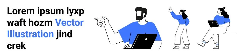 Team Collaboration and Remote Work Concept with Two Characters and Laptop Stock Illustration