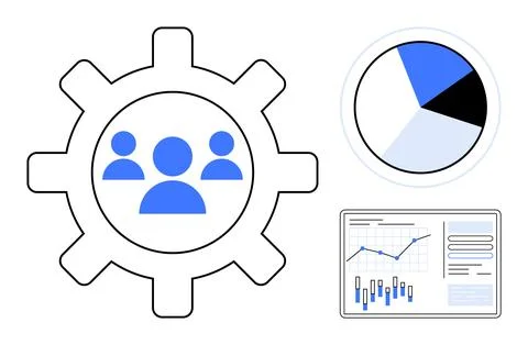 Team Collaboration Concept with Gear, Pie Chart, and Data Analysis on Finan.. イラスト素材