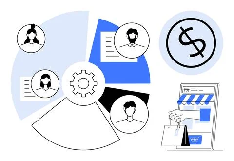Team Collaboration, Data Analysis, and E-Commerce Strategy for Business Growth Illustrazione stock