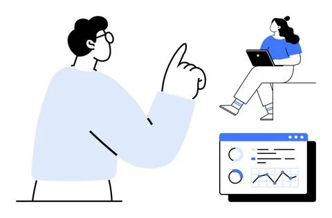 Team Collaboration with Data Analysis on Laptop and Chart in Modern Workspace Stock Illustration