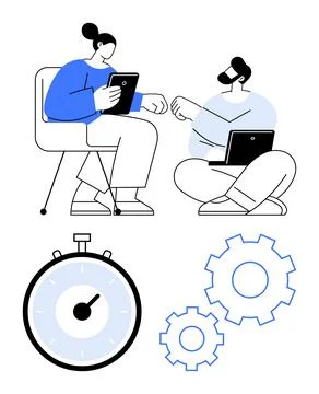 Team Collaboration with Digital Devices Highlighting Efficiency and Product.. 스톡 일러스트