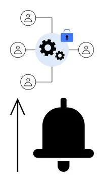 Team Collaboration, Gear Integration, and Security Icon with Alert Notifica.. Stock Illustration