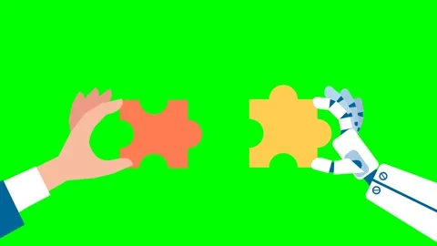 Team collaboration man, AI. Red, yellow puzzles. Two puzzle pieces animated icon Stock Footage 283280582