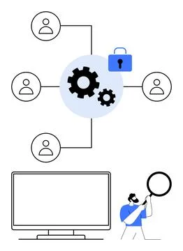 Team Collaboration Network with Security and Monitoring Elements Highlighti.. Stock Illustration