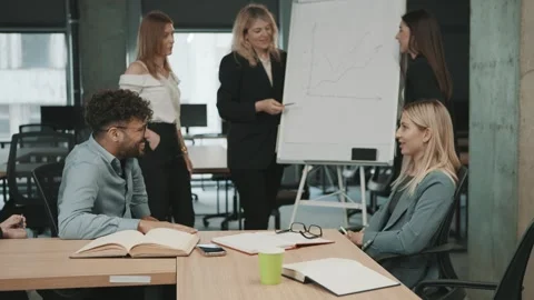 Team collaboration in an office setting with a presentation on business strategy Video stock 312259760