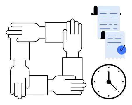 Team Collaboration Symbol with Documents and Clock 스톡 일러스트