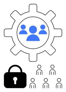 Team Collaboration Under Security Settings with Gear and Lock Symbol Repres.. Stock Illustration