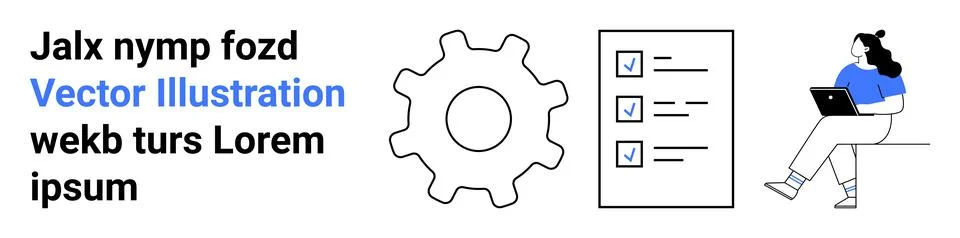 Team Collaboration Using Checklist and Gear Icon with Modern Worker on Laptop イラスト素材