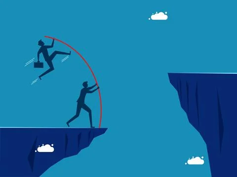 Team commitment. team of businessmen pole vault across a cliff gap Stock Illustration