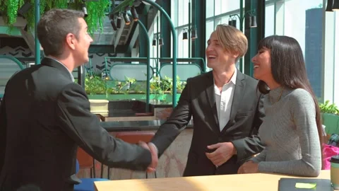 Team completed the work on the project. Businessmen say good-bye and shake hands Video stock 167715848