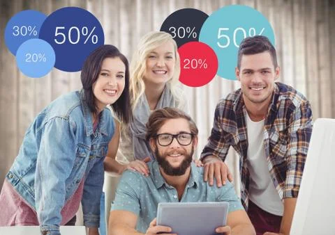 Team at computer against colourful ven diagram and blurry wood panel Foto stock