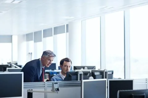 Team, computer and coaching with business people in office for insurance claims Stock Photos