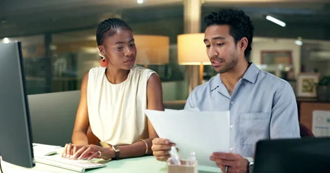 Team, computer and documents with business people in office for  research, media Stock Footage 322577383
