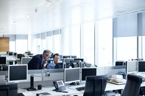 Team, computer and reading with business people in office for insurance claims Stock Photos