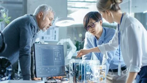 Team of Computer Engineers Choose Printed Circuit Boards to Work with Stock Photos