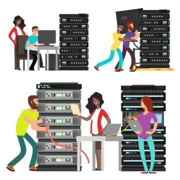 Team of computer engineers working in server room Stock Illustration
