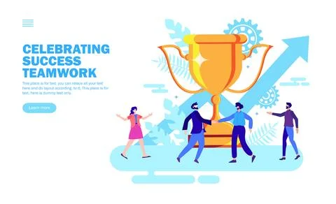 Team congratulating each other in front of trophy, shake hand Stock Illustration