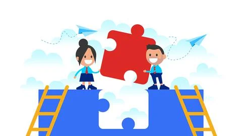 Team connecting puzzle elements. Symbol of teamwork, partnership, cooperation.	 Stock Illustration