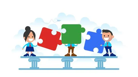 Team connecting puzzle elements. Symbol of teamwork, partnership, cooperation.	 Stock Illustration