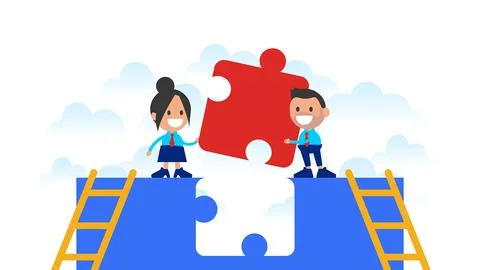 Team connecting puzzle elements. Symbol of teamwork, partnership, cooperation.	 Stock Illustration