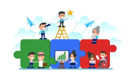 Team connecting puzzle elements. Symbol of teamwork, partnership, cooperation.	 Stock Illustration